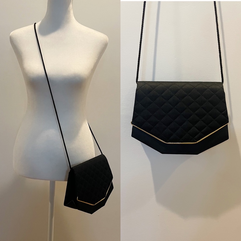 Vintage 80s Black Quilted Matte Satin Crossbody/Handbag with Gold Trim